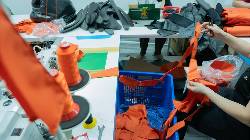 Components prepared before sewing: binding, strap foam and orange lining